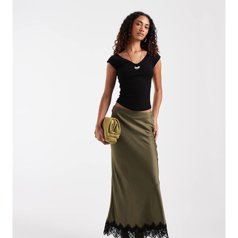 Vero Moda Tall satin midi skirt with lace detail hem in dark
