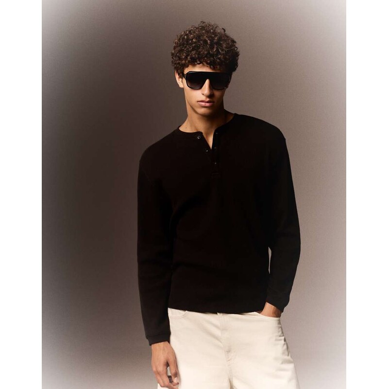 Bershka Slim fit long sleeve henley t-shirt in black