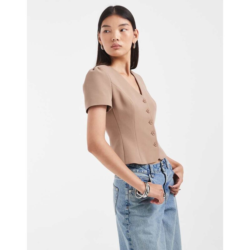 ASOS DESIGN tailored button through cinch top in co ord-Brown