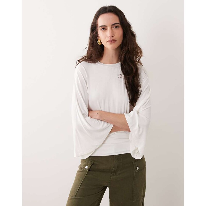 ASOS DESIGN batwing sleeve cinched waist top in white-Yellow