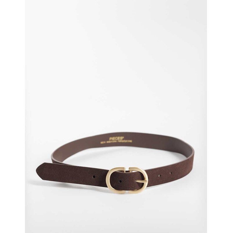 Pieces suede gold double buckle belt in chocolate brown