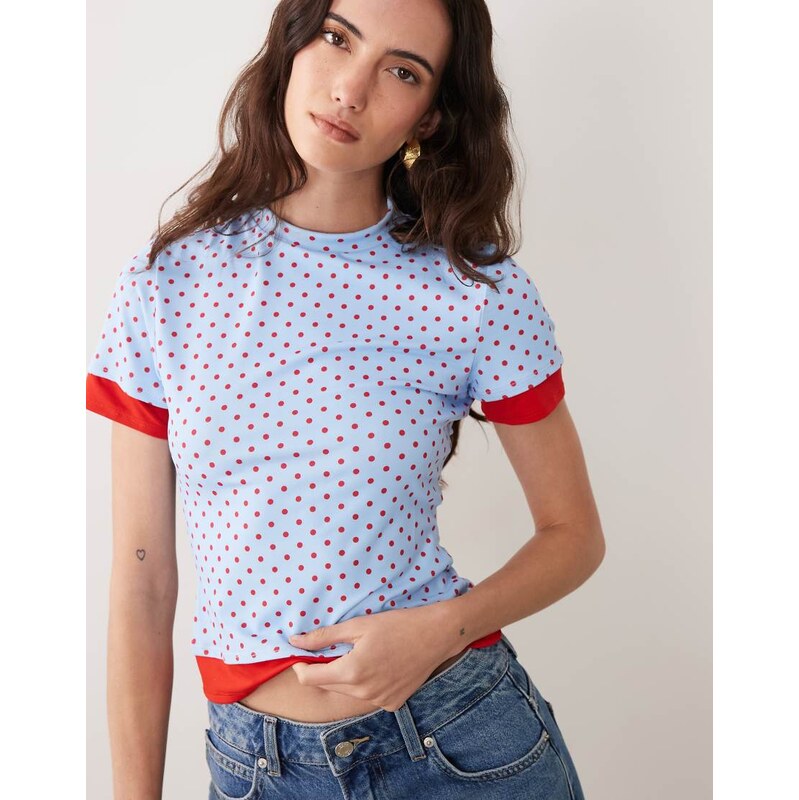 ASOS DESIGN short sleeve double layer polka dot top in-Brown