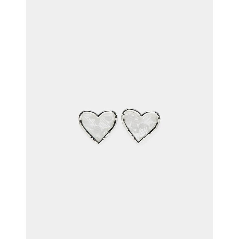 Stradivarius Lace heart stud earrings in grey