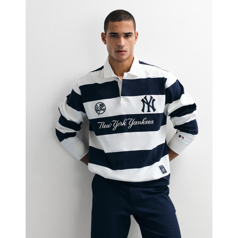 Champion x MLB Long Sleeve Polo T-Shirt in navy and white