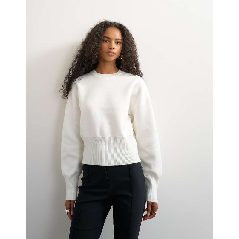 Topshop knitted clean cinch waist jumper in ivory-White