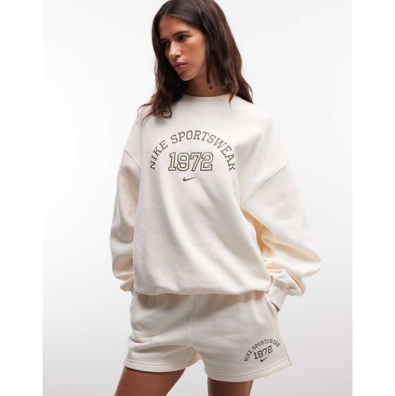 Nike Studio Fleece oversized varsity sweatshirt in cream-Neutral