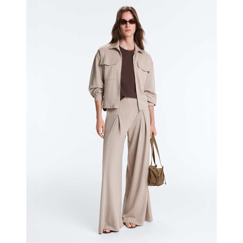 OYSHO Soft-touch striped wide-leg trousers in mink-Brown