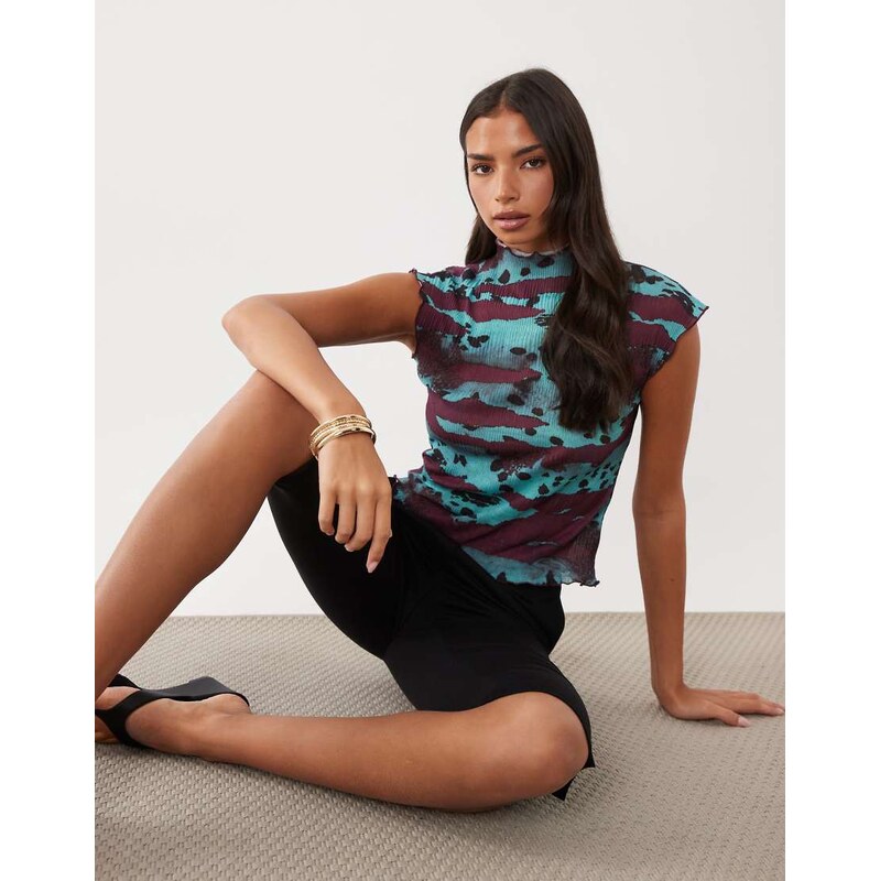 ASOS DESIGN sheer crinkle plisse high neck tank in blue abstract