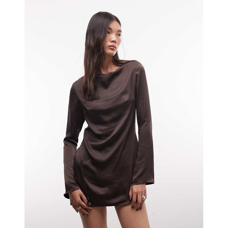 Monki open back angel sleeve satin mini dress in dark brown