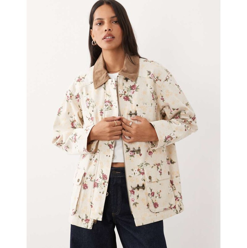 Abercrombie & Fitch twill barn jacket in cream floral-White