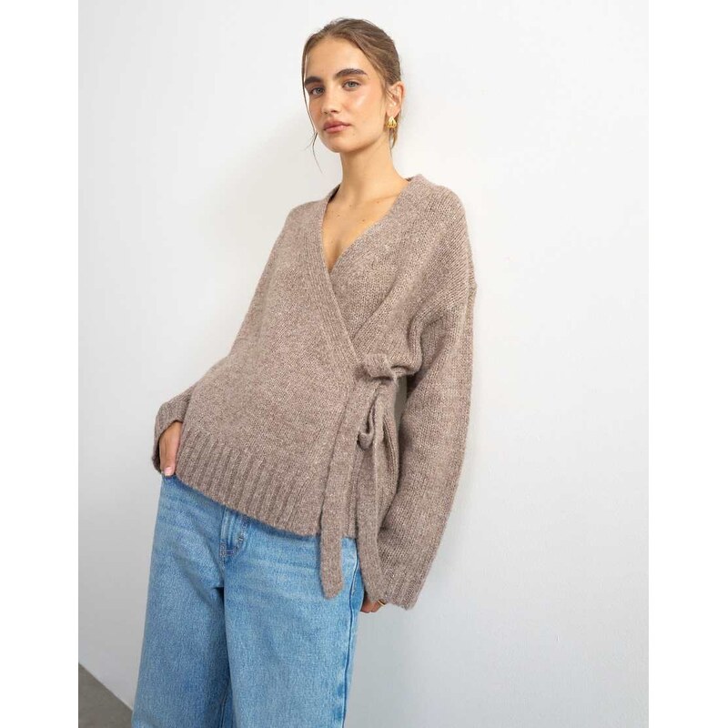 Topshop knitted wrap boxy cardigan with wool in oat-Neutral