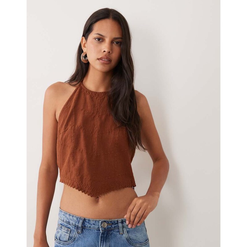 Mango Teen halterneck embroidered top with tassle detail in