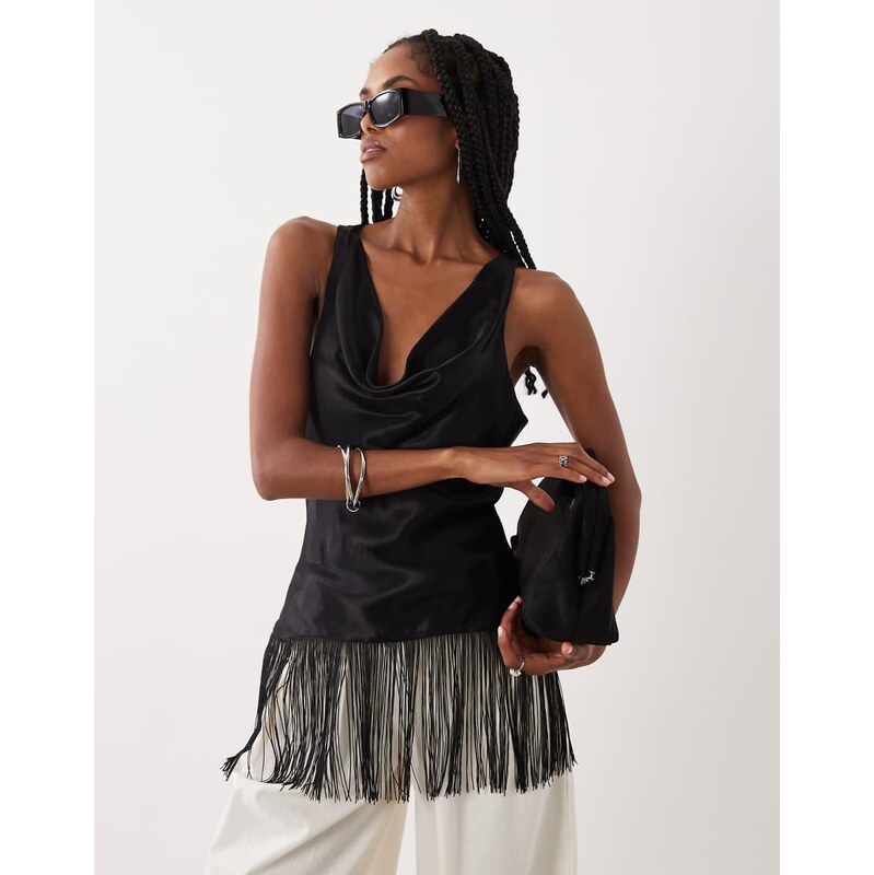 ASOS DESIGN satin cowl neck fringe top in black