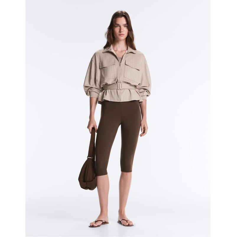 OYSHO Soft-touch striped belted jacket in mink-Brown