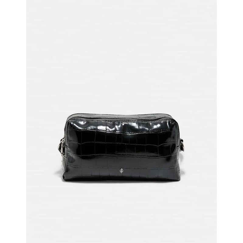 Stradivarius Crocodile-effect rectangular crossbody bag in black