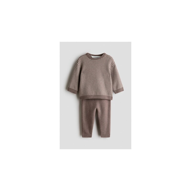 H&M - Dvoudílná souprava z jemně pletené bavlny - Hnědá/Bílé