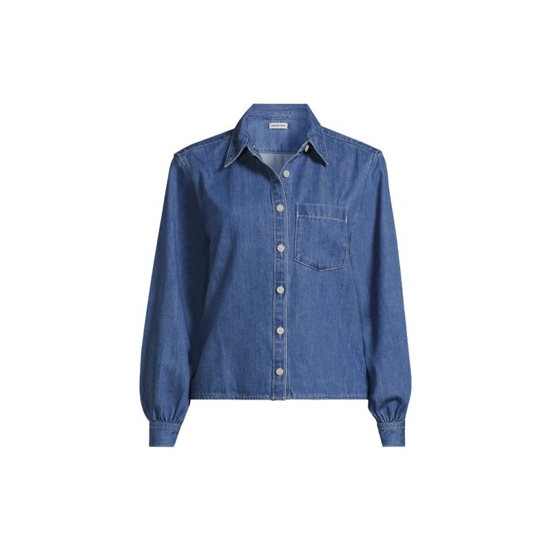 Pure Cotton Cropped Denim Shirt, Women, size: 2X, plus, Blue, by