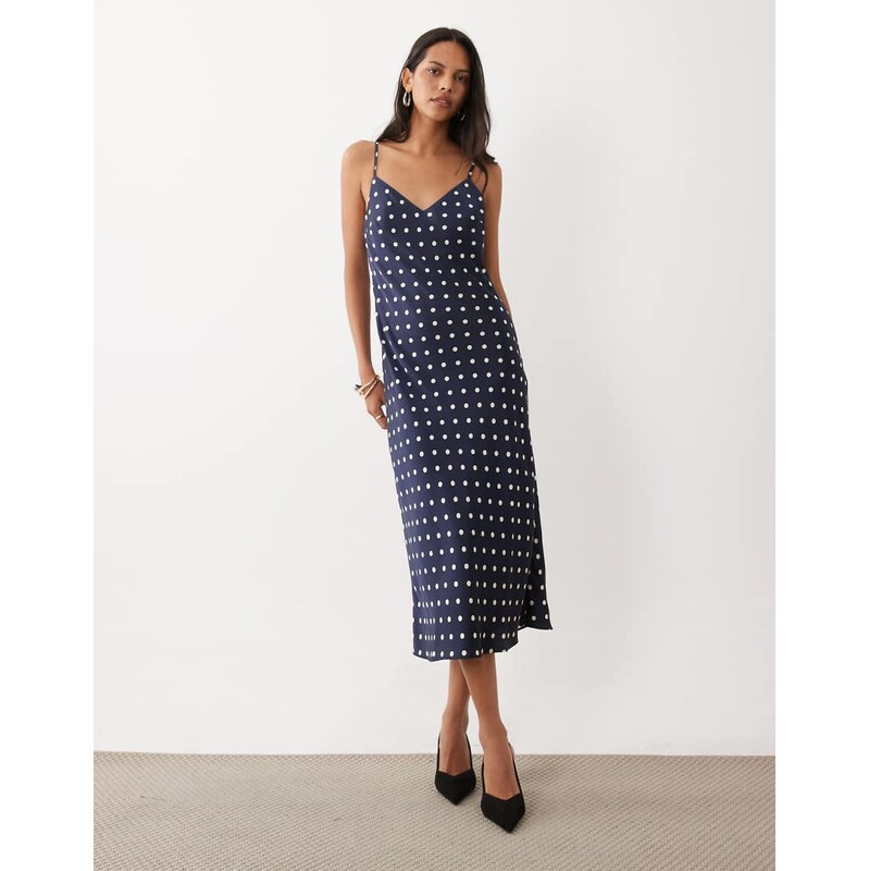 Abercrombie & Fitch maxi satin slip dress in navy polka dot
