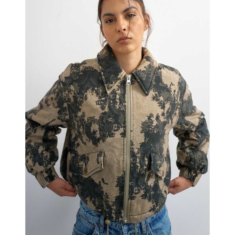 Topshop printed cotton jacket in green-Multi