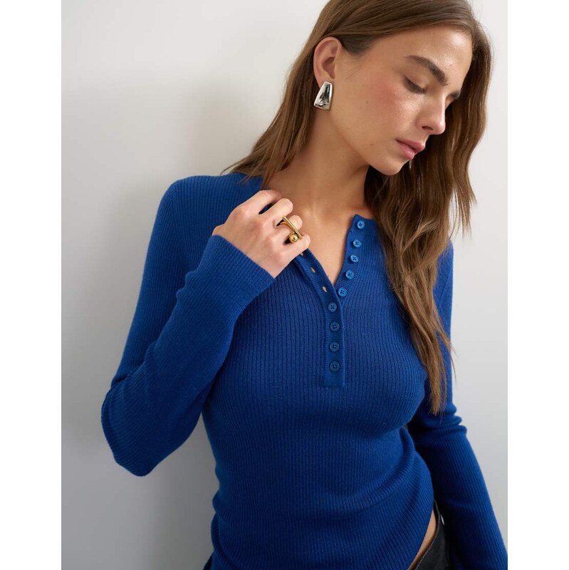 Topshop knitted wool blend henley long sleeve top in cobalt-Blue