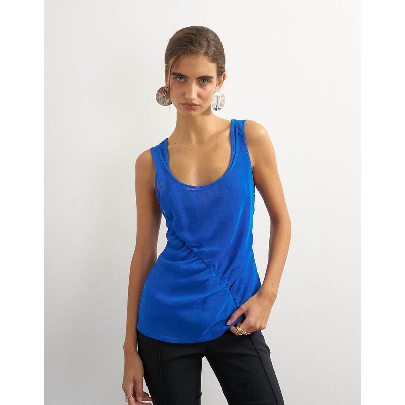 Topshop mesh ruched tunic layered vest in cobalt blue-Multi