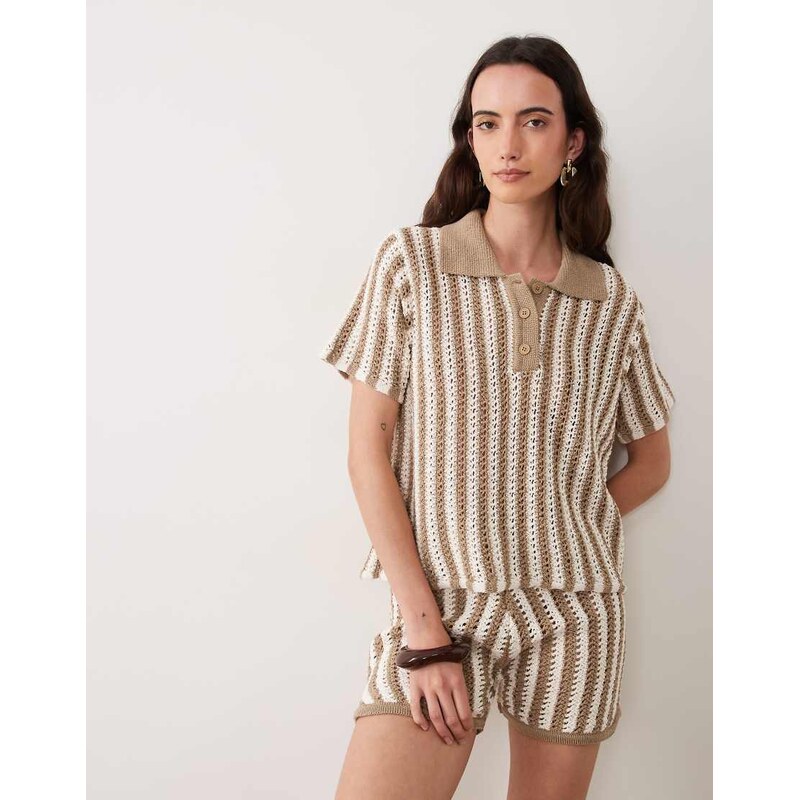 ASOS DESIGN knitted crochet polo top co-ord in brown stripe