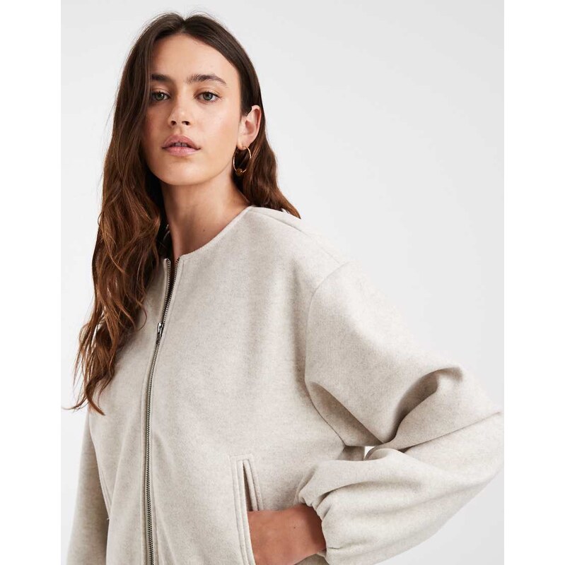 Vero Moda textured collarless bomber jacket in cream melange