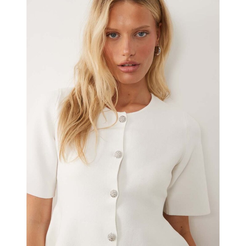 Vila structured knit long sleeve peplum hem top in white