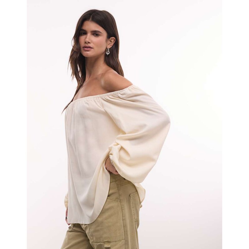 ASOS DESIGN off shoulder long sleeve top co-ord in beige-Green