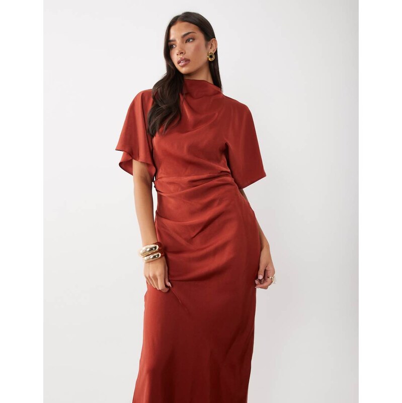 ASOS DESIGN satin high neck blouson maxi dress with flutter