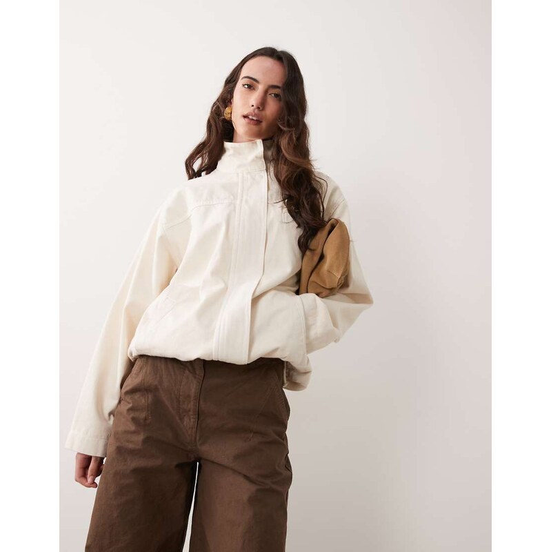 ASOS DESIGN denim funnel neck jacket in ecru-White