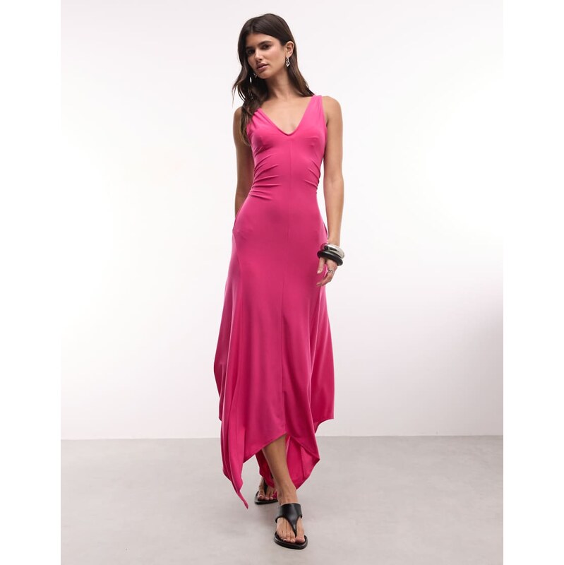 ASOS DESIGN v neck hanky hem midi dress in pink