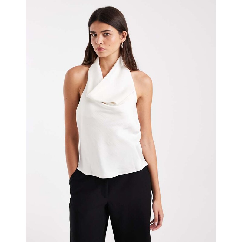 Vero Moda halterneck sleeveless satin top in cream-White