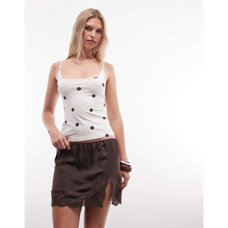 Monki lace trim satin mini skirt in dark brown