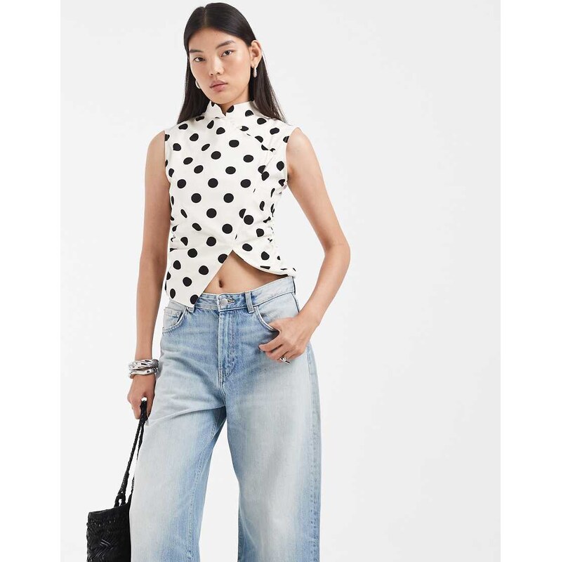 ASOS DESIGN sleeveless mandarin collar shirt in black polka dot
