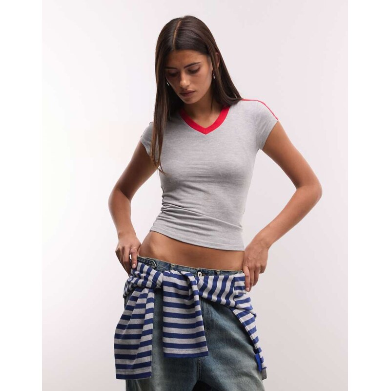 COLLUSION fitted contrast v neck tshirt in grey marl