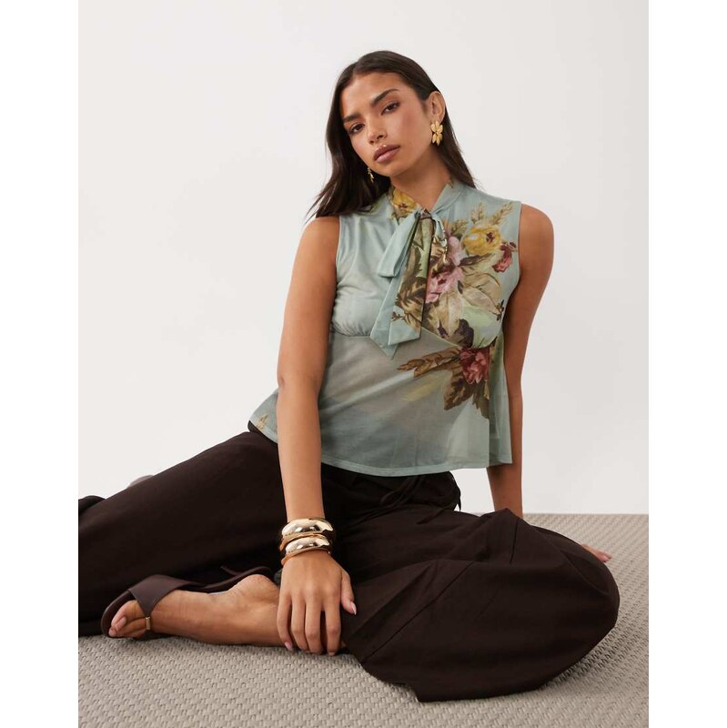 ASOS DESIGN printed stretch chiffon bow detail blouse in blue