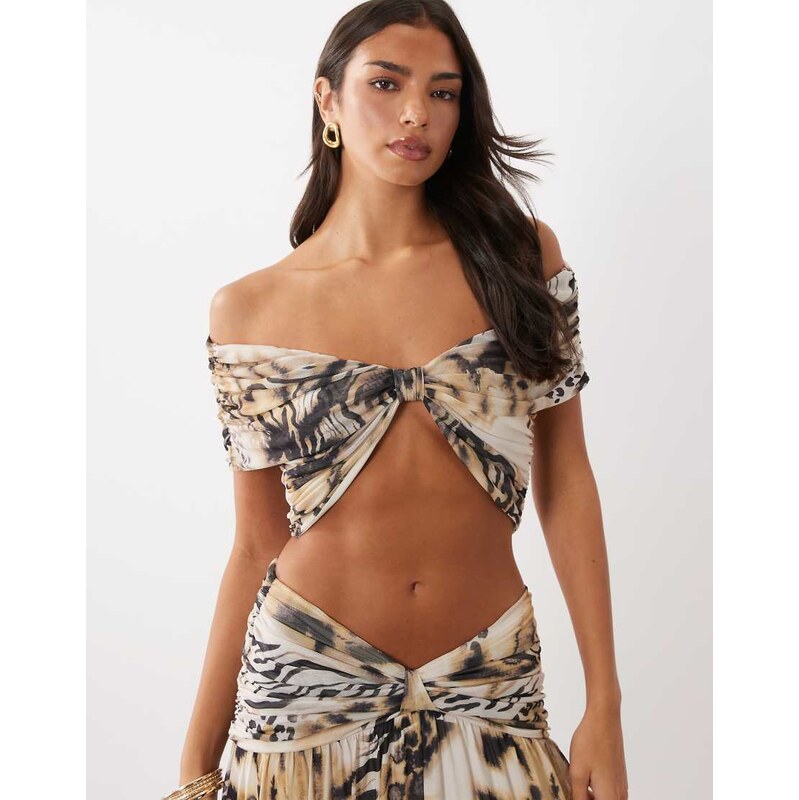 ASOS DESIGN printed mesh co-ord ruched top in animal-Multi