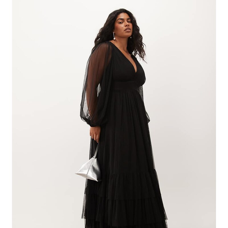 Lace & Beads Plus Bridesmaid tulle sheer sleeve plunge neck