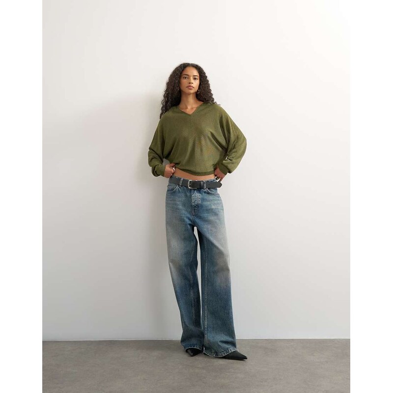 Topshop knitted v slouchy fine knit sheer jumper in khaki-White