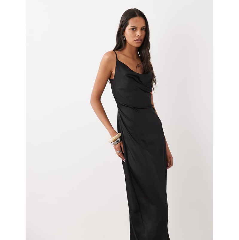 New Look satin cowl neck midi dress in black