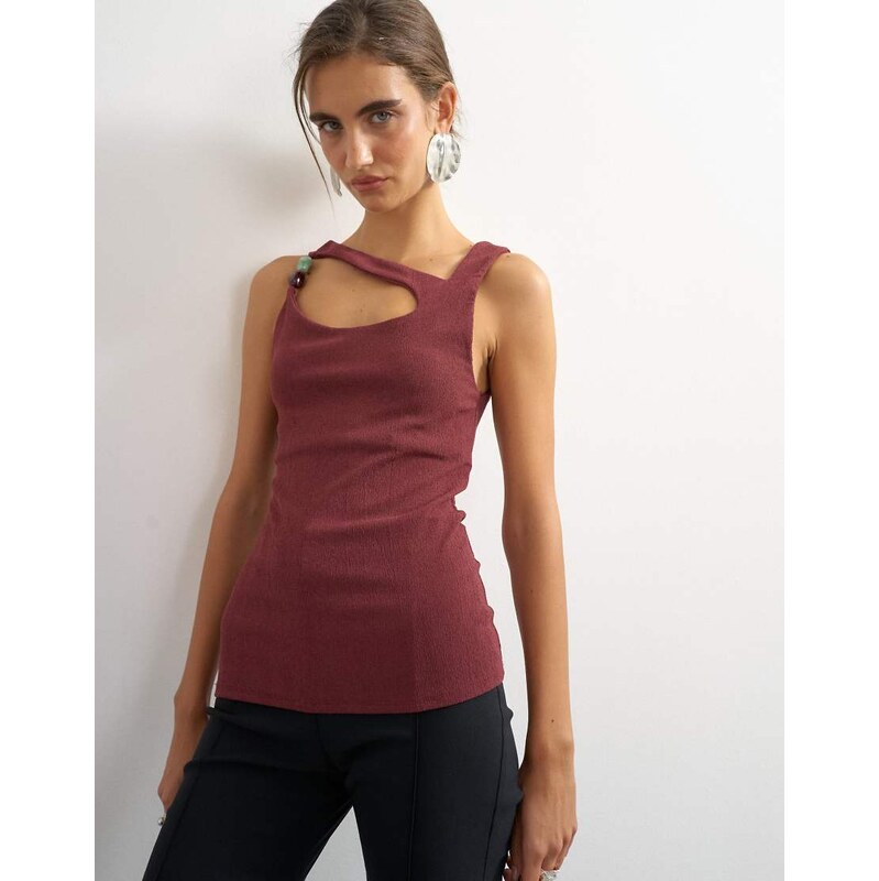 Topshop asymmetric detail beaded tank in mahogony-Brown