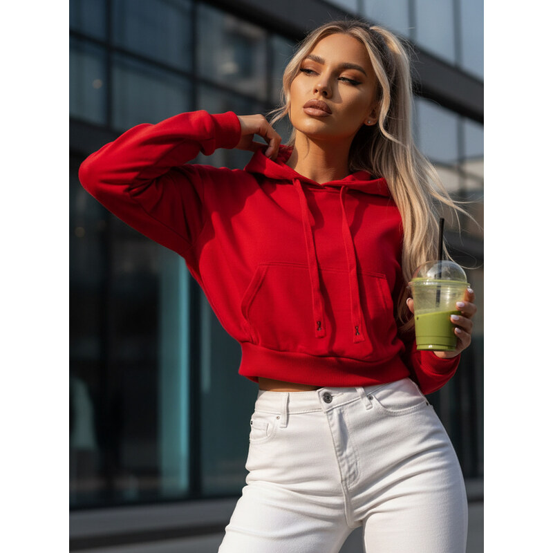 BASIC Červená crop mikina s kapucí TRENDHOOD