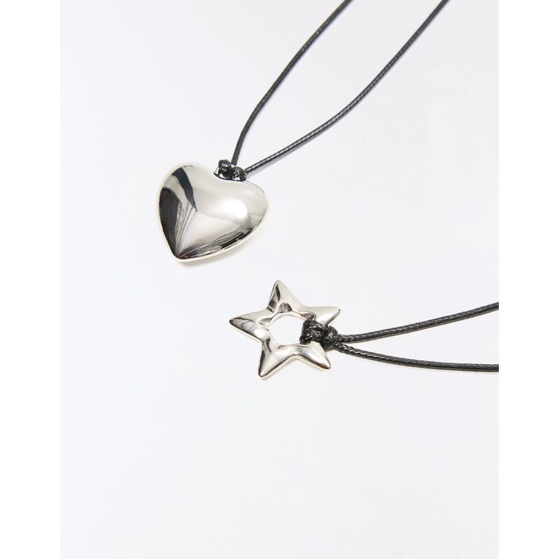 Bershka Cord necklace with pendant pack in silver
