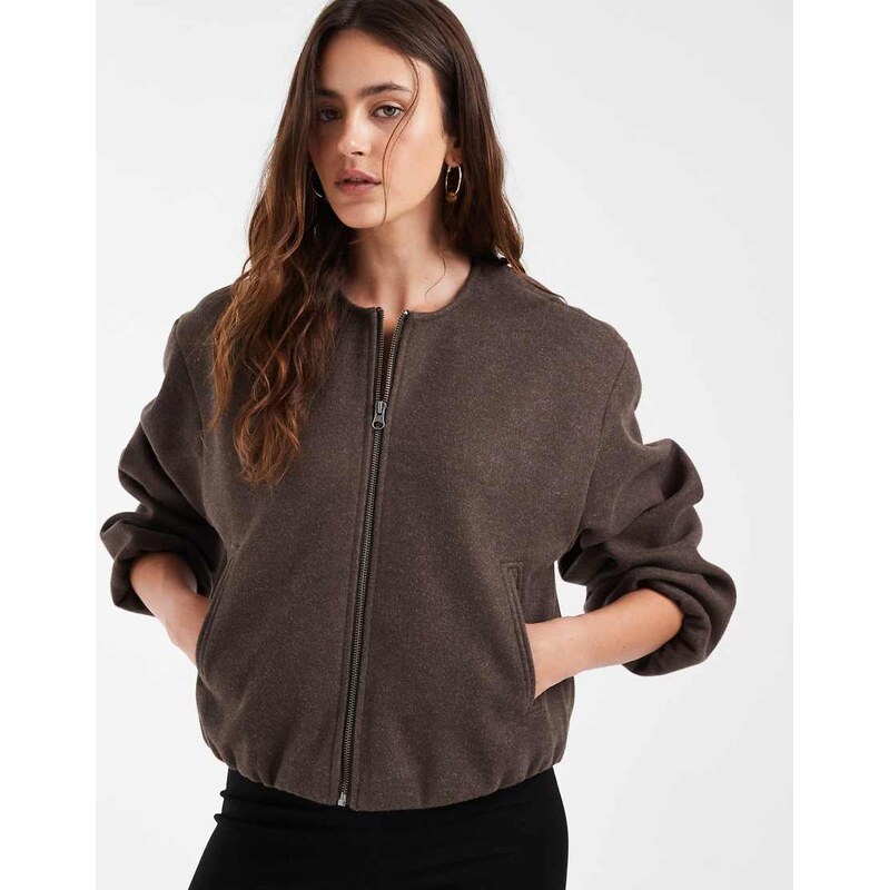 Vero Moda textured collarless bomber jacket in chocolate brown