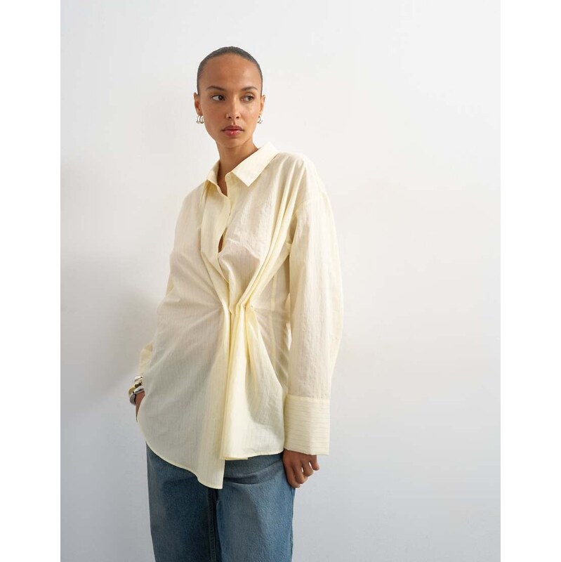 Topshop cinch front detail shirt in yellow stripe