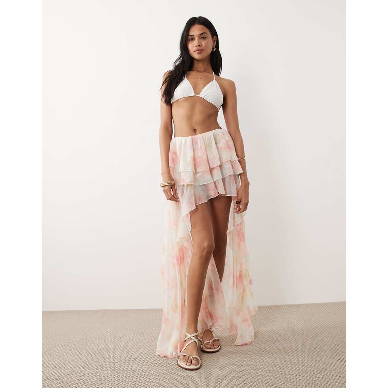 Miss Selfridge beach chiffon frill high low maxi skirt in floral