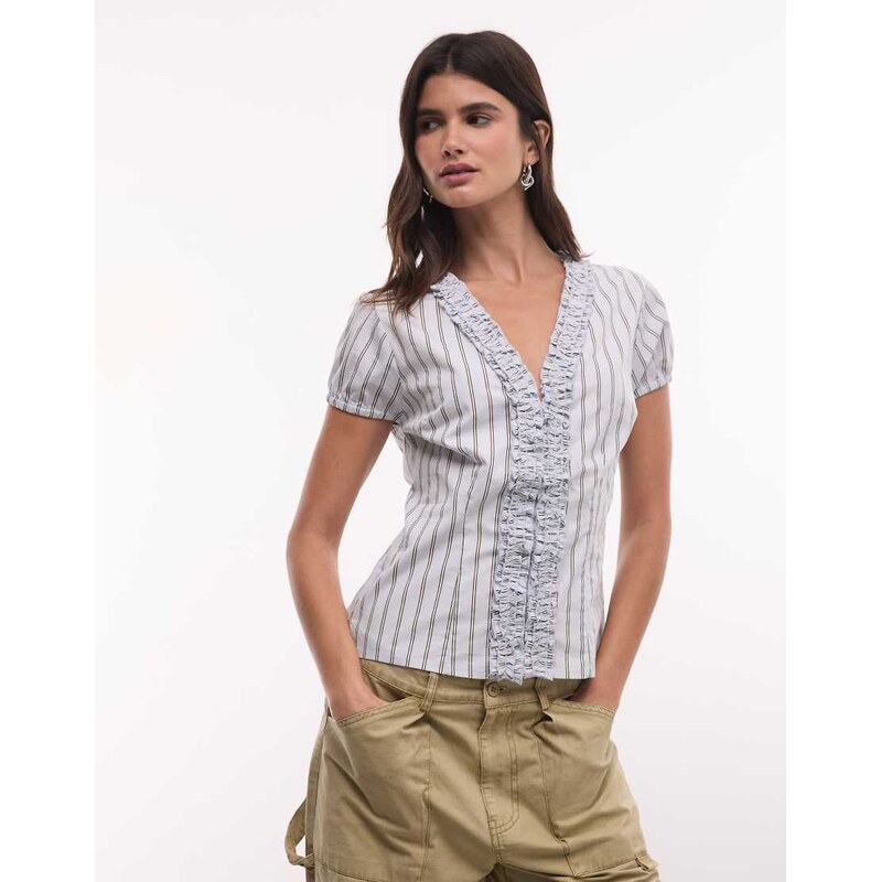 COLLUSION frill detail short sleeve blouse in blue and brown