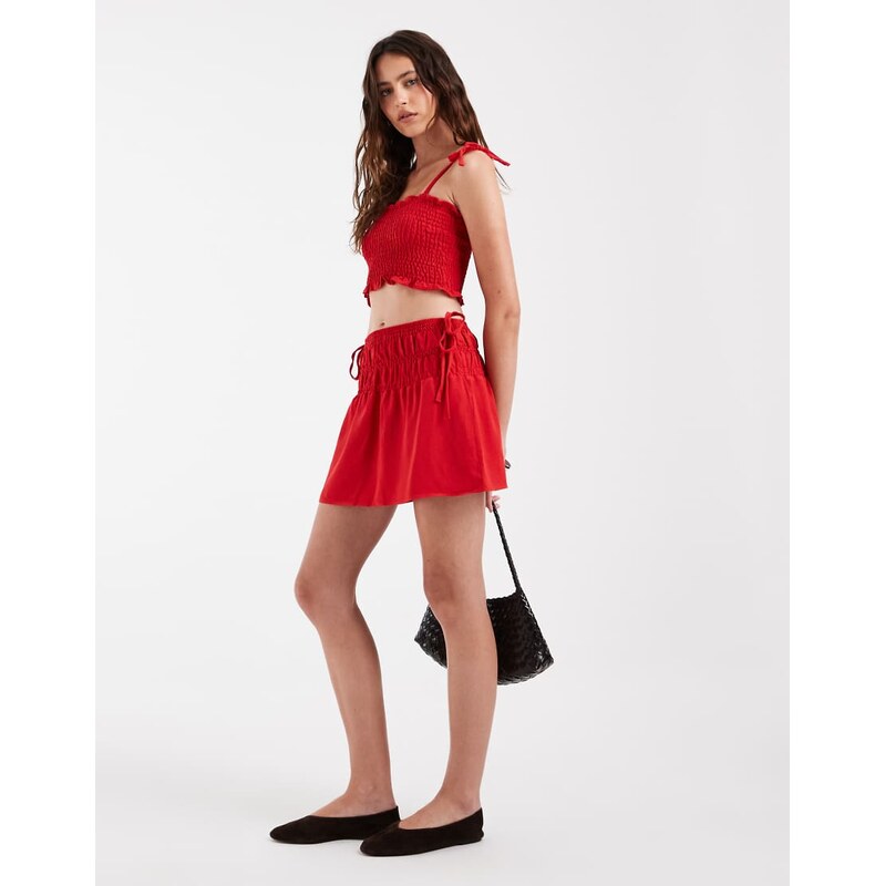 ASOS DESIGN linen blend shirred waist mini skirt in red co ord