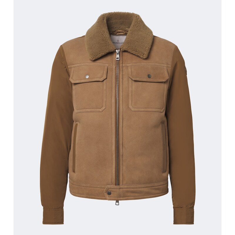 Moncler Shearling-trimmed suede down jacket